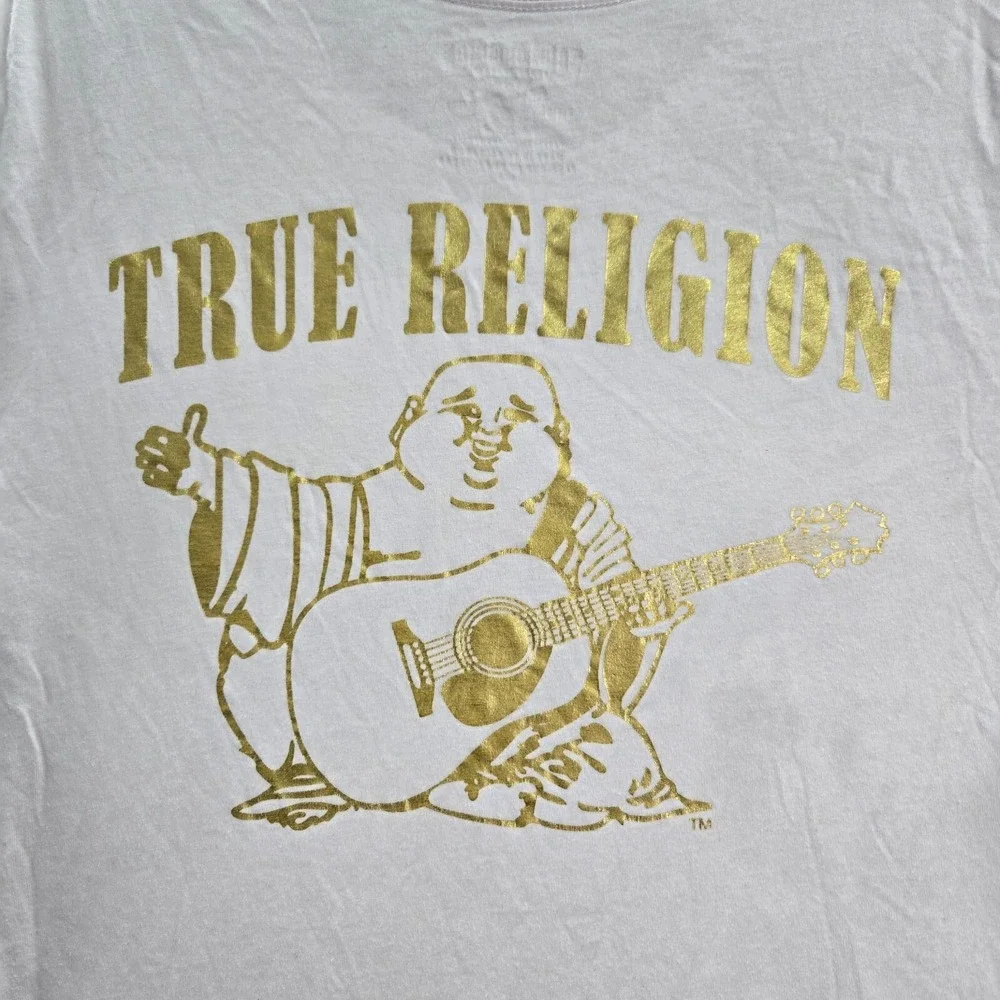 True Religion Men Shirt Large White Logo Buddha Graphic Short Sleeve Tee READ